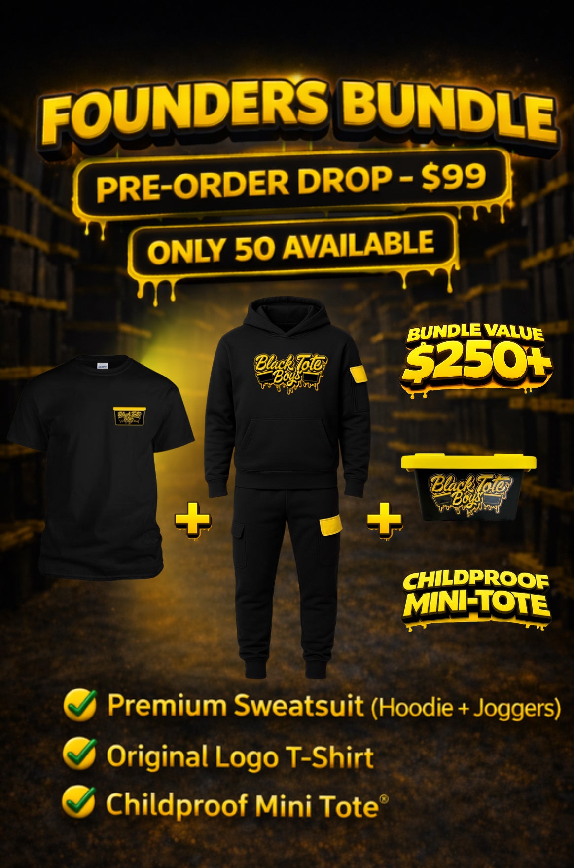 Black Tote Boys Founders Bundle pre-order featuring premium sweatsuit, logo t-shirt, and childproof mini tote