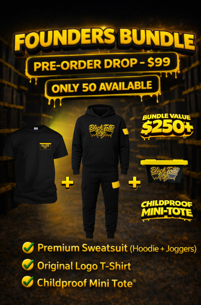Black Tote Boys Founders Bundle pre-order featuring premium sweatsuit, logo t-shirt, and childproof mini tote