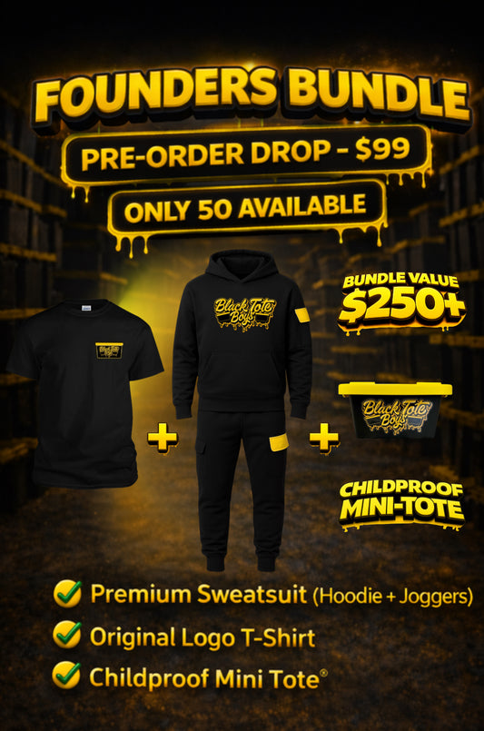 Black Tote Boys Founders Bundle pre-order featuring premium sweatsuit, logo t-shirt, and childproof mini tote